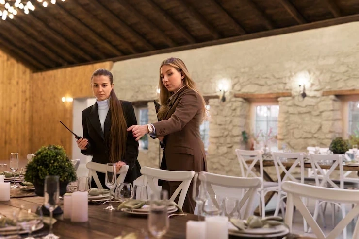 Event producers discussing venue layout setup