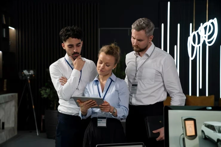 Event team evaluating venue options on tablet